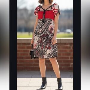 Save The Queen Red & Black Chain Detail Midi Flare Stretch Dress Small Goth Punk